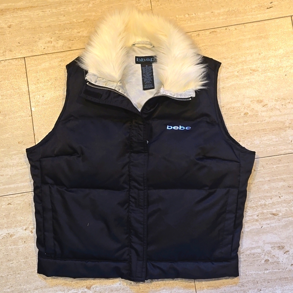 Bebe b.b.s.p. Shiny Black Faux Fur Collar Zipper Feather Down Vest